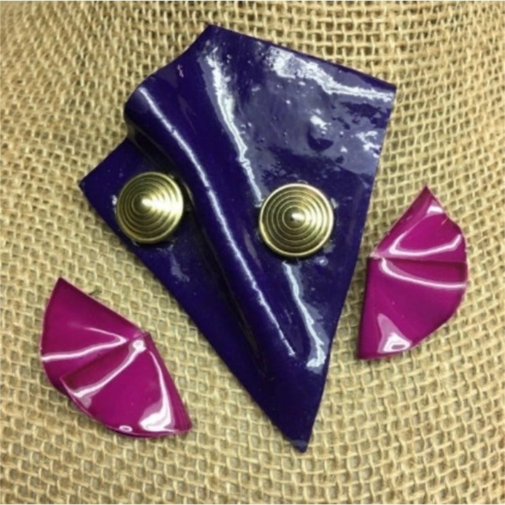 Retro Ruffle Brooch Earrings As Is Purple Enamel Gold Magenta Pierced 80s Vintag